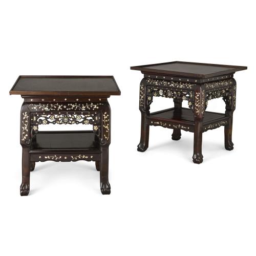 Pair of antique Chinese mother-of-pearl inlaid wooden stands