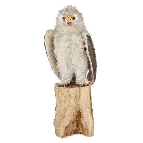 Large silver, quartz crystal and glass model of an owl