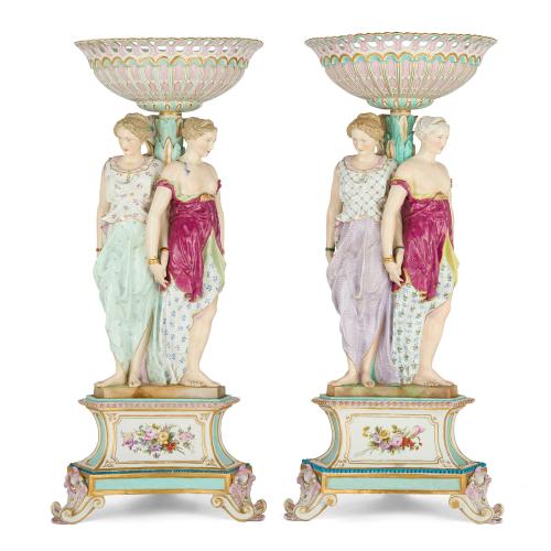 Pair of very large Meissen style porcelain figural centrepieces