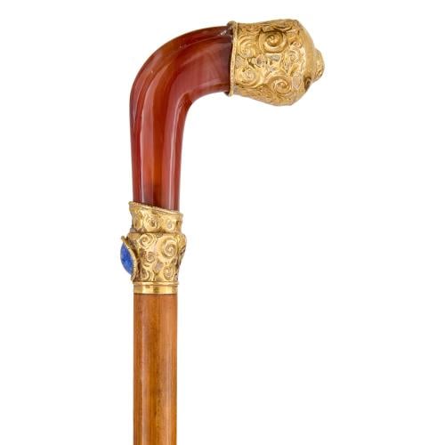 Antique French gold, agate and lapis lazuli cane