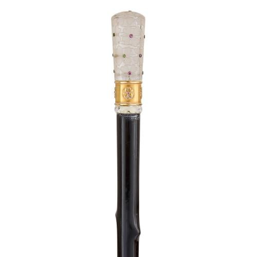 French antique crystal, silver gilt and gemstone cane