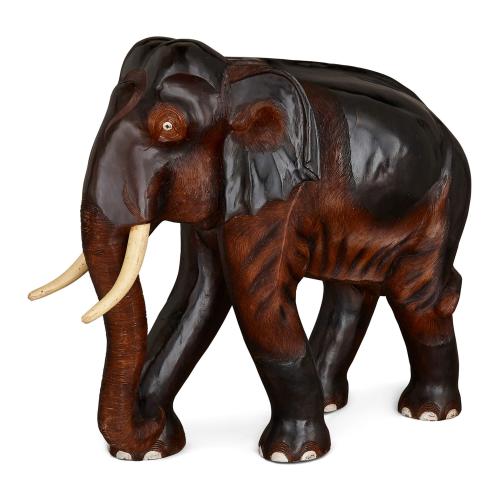 Large Indian carved and painted wood elephant sculpture