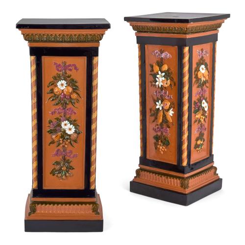 Pair of antique English Victorian Minton majolica pedestals