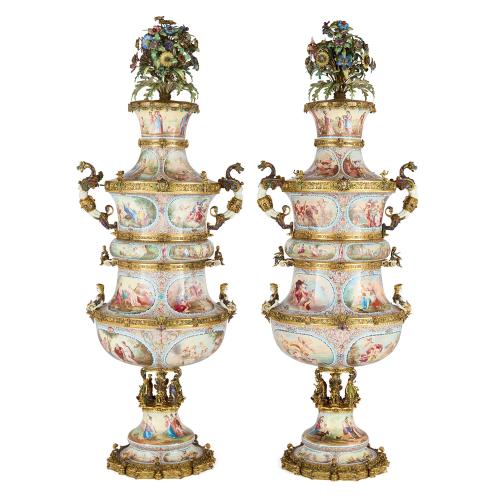Rare and exceptional pair of Viennese enamel vases attributed to Böhm