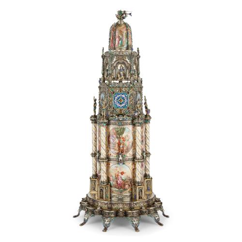 Large Viennese Renaissance Revival silver and enamel clock by Böhm