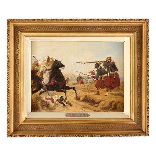 ‘Zouaves and Arabs in Battle’, Danish Orientalist oil painting by Simonsen