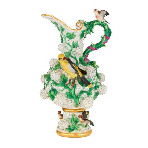Large antique German porcelain Schneeballen ewer by Meissen