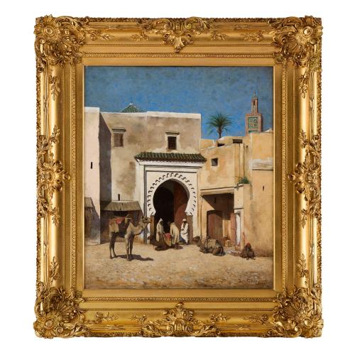 Large antique American Orientalist oil painting of Tangiers by Strain
