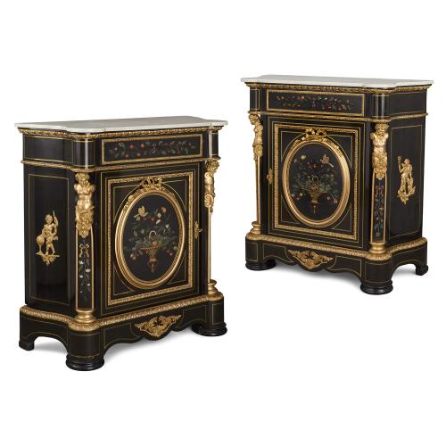 Pair of French ebonised wood, pietra dura, ormolu and marble cabinets