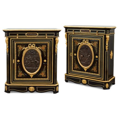 Pair of antique French ebonised wood, marquetry and ormolu cabinets
