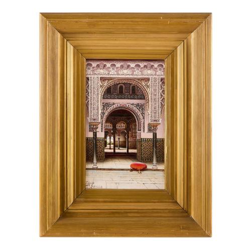 Spanish Orientalist oil painting of the Alcázar of Seville by Aceves