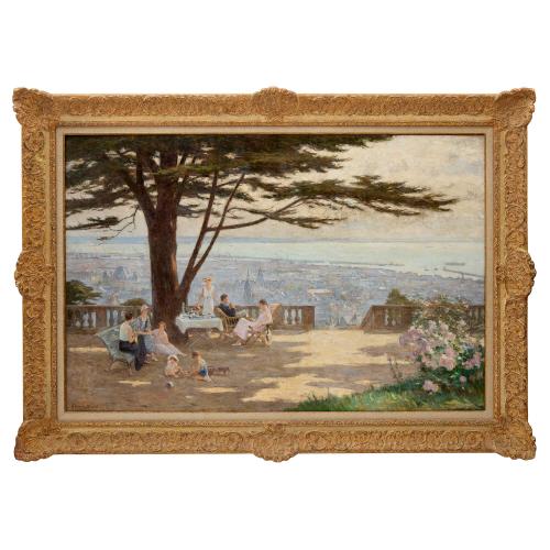 ‘Terrasse dominant Le Havre’, Impressionist style oil painting by Binet