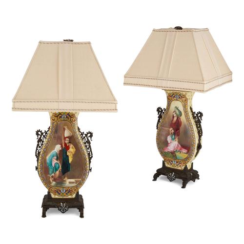 Pair of antique painted porcelain Orientalist lamps