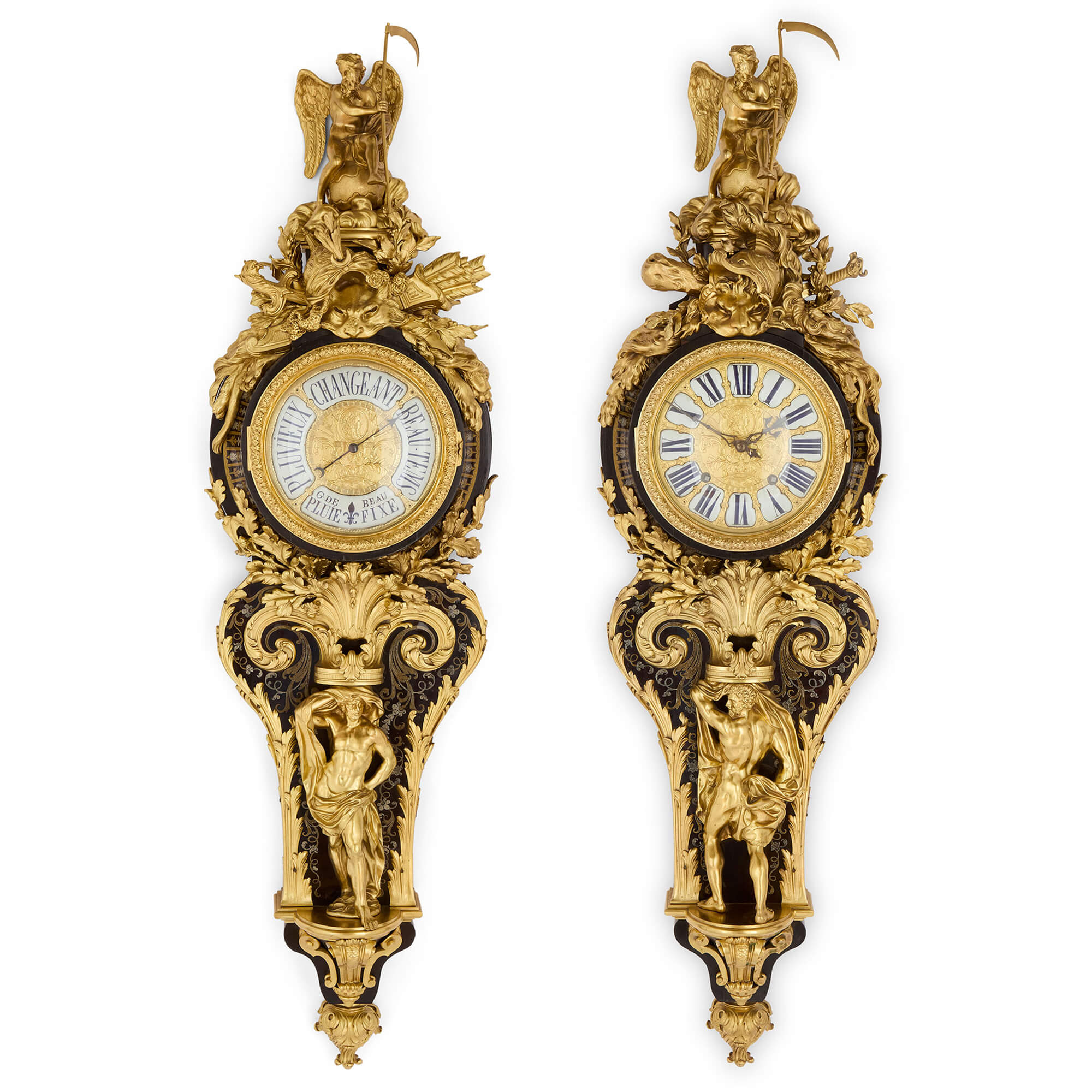 Antique French Louis XV Boulle marquetry wall clock and barometer