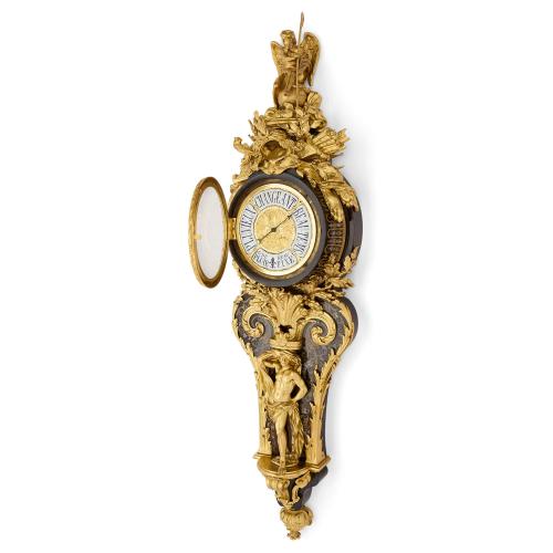 Antique French Louis XV Boulle marquetry wall clock and barometer