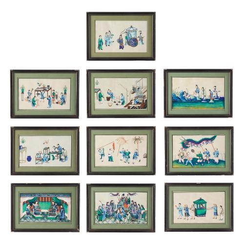 Set of ten Chinese pith paintings depicting courtly life
