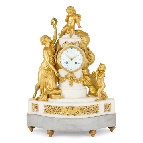 French antique marble and ormolu mantel clock by Linke