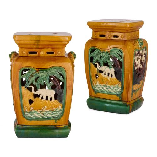 Pair of antique Chinese Sancai earthenware seats