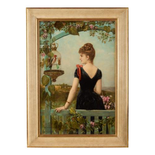 Antique French oil painting of a woman with a parrot by Semenowsky