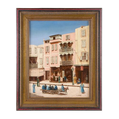 Antique Austrian Orientalist oil painting of a street scene by Mielich 