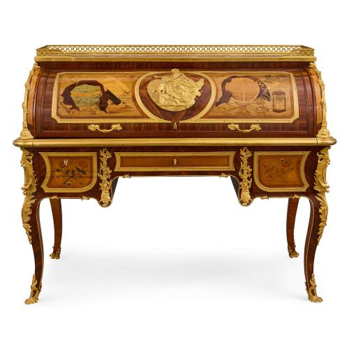 Antique Louis XV style ormolu mounted marquetry bureau à cylindre