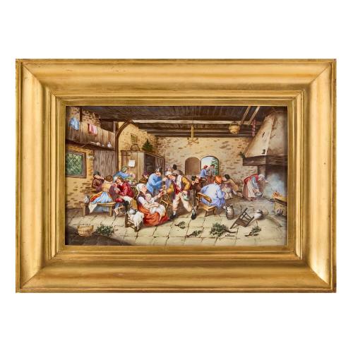 Large KPM style German porcelain plaque of a tavern scene 