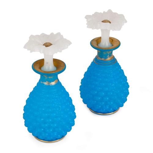 Pair of French 19th century opaline glass pineapple bottles