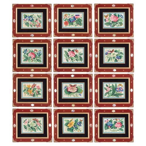 Set of twelve Chinese pith paintings with floral and butterfly designs