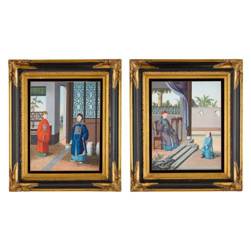 Pair of antique Chinese watercolour paintings of court scenes