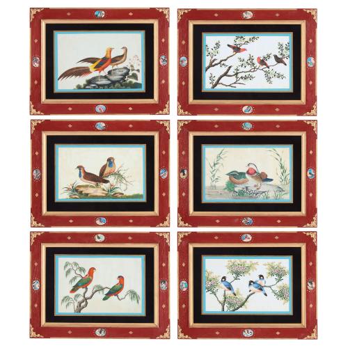 Set of six antique Chinese pith paper watercolour paintings of birds