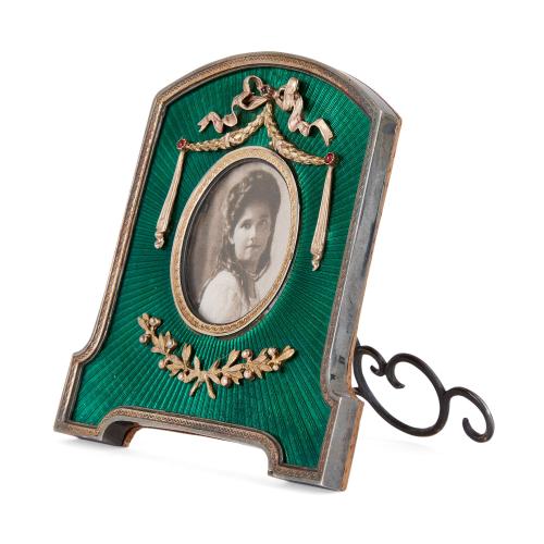 Fabergé style green guilloché enamel and vermeil picture frame