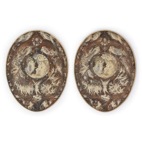 Two antique English ‘Milton’ shields in the style of Elkington & Co. 