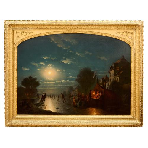 Antique oil painting of a moonlight skating scene by Culverhouse