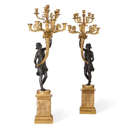 Pair of Empire style ormolu and patinated bronze candelabra