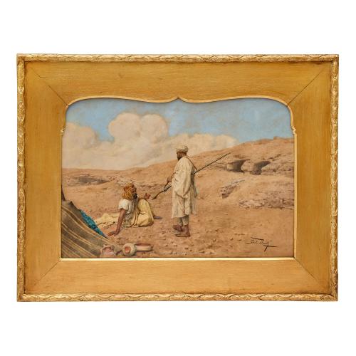 Antique Italian Orientalist watercolour of a desert scene by Rosati