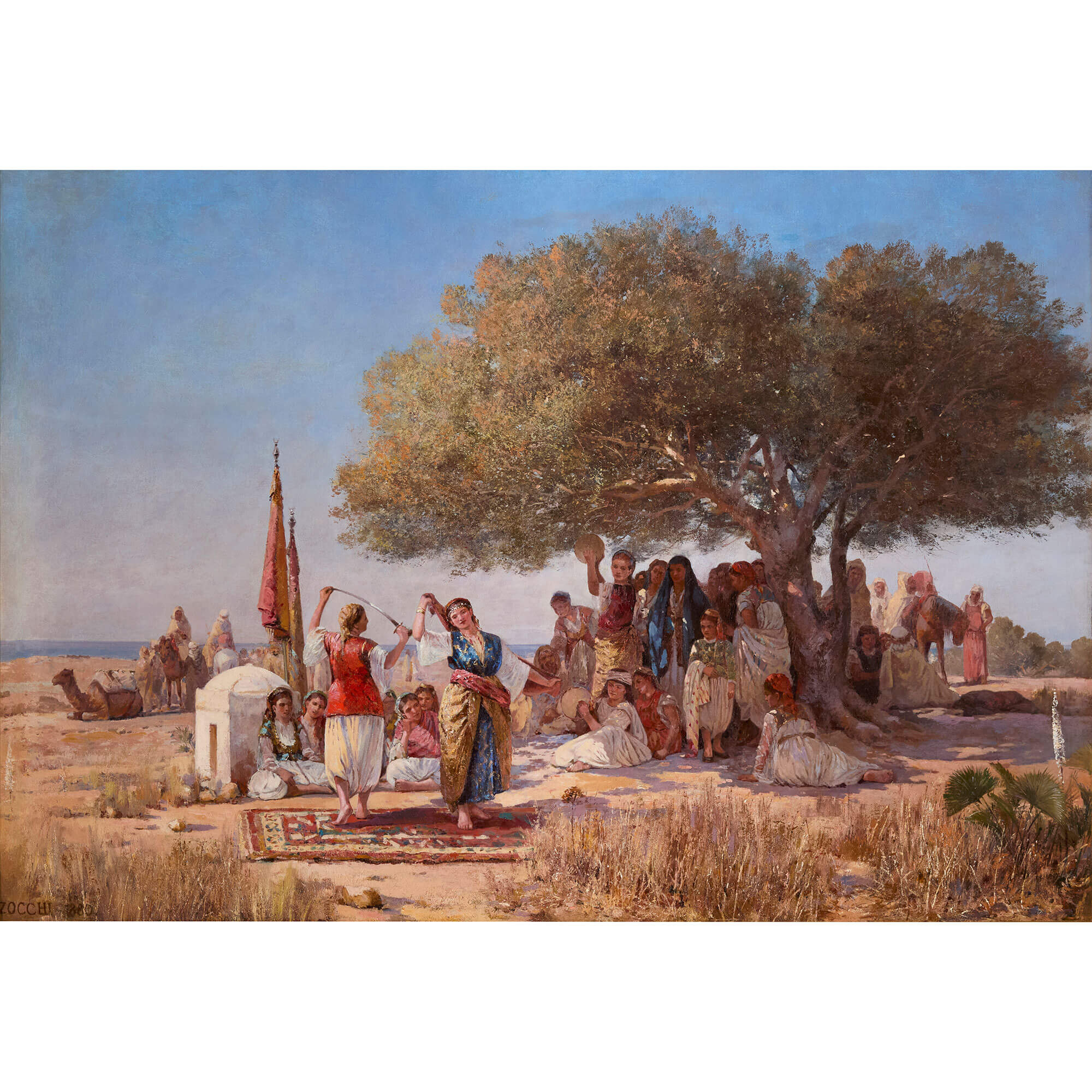 Large Orientalist oil painting of a traditional sword dance by