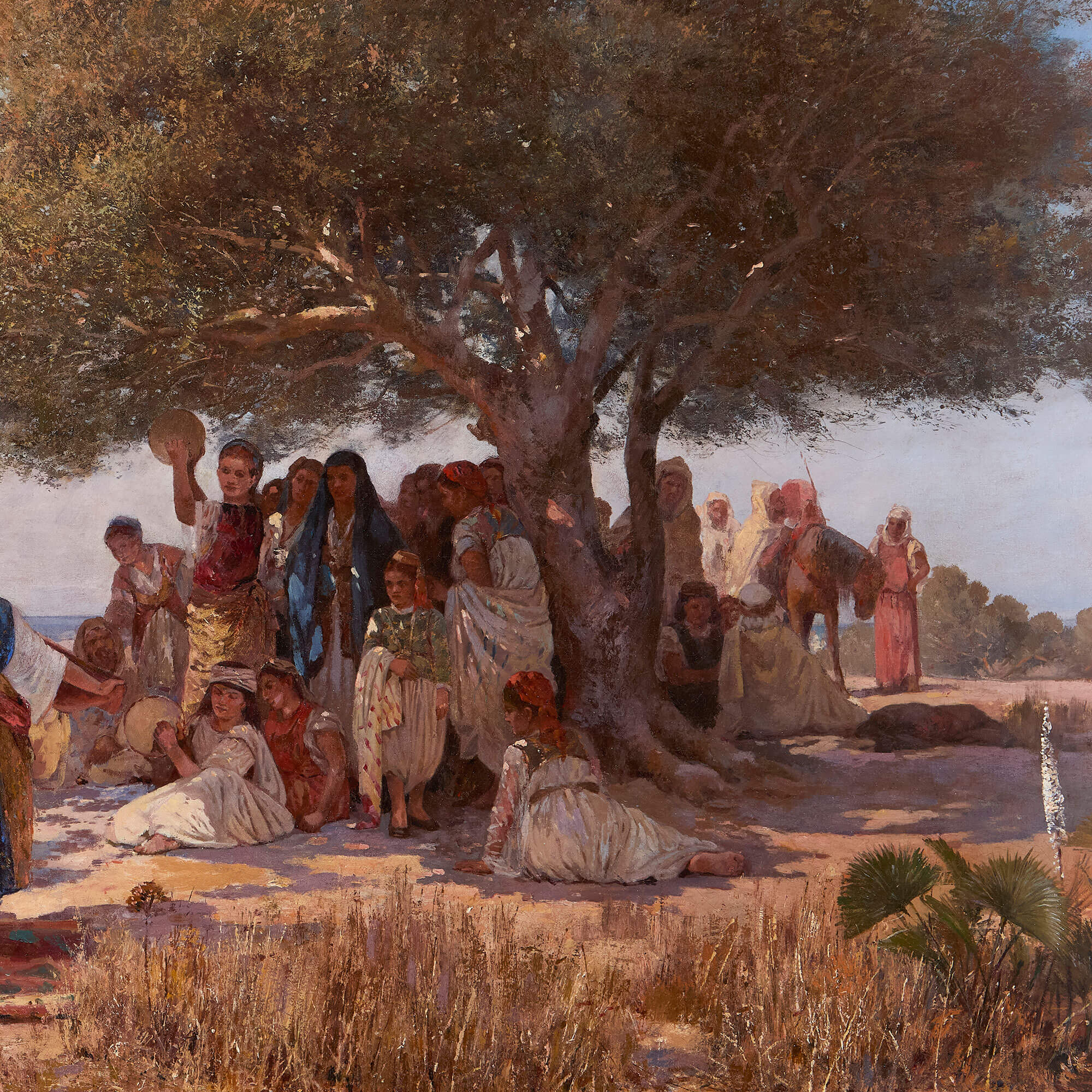 Large Orientalist oil painting of a traditional sword dance by