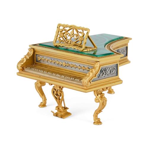 Italian miniature silver, vermeil and malachite piano model