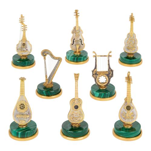 Set of 8 Italian miniature silver and malachite musical instruments