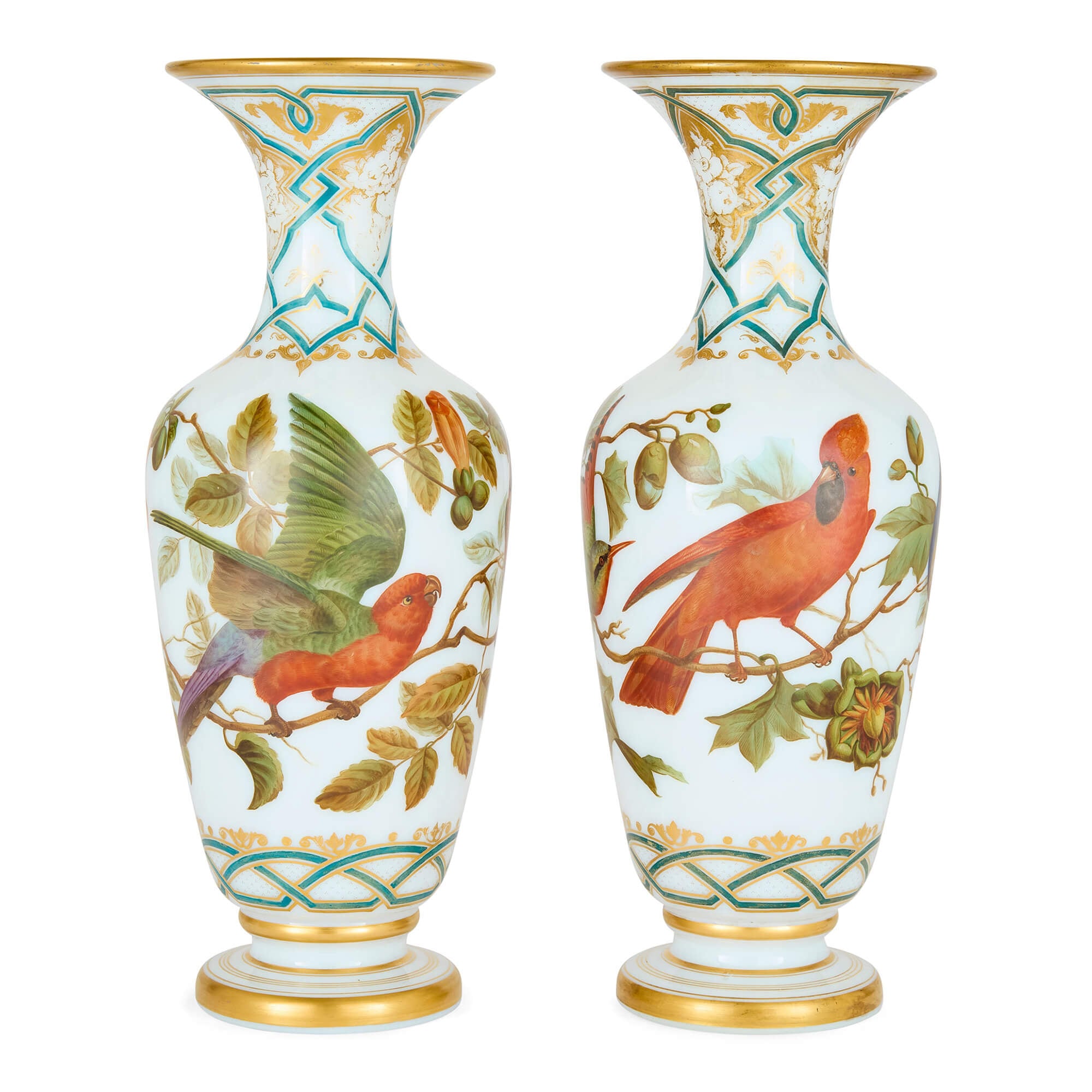 Pair of antique Baccarat opaline glass vases with bird decoration