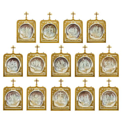Rare and large antique set of 14 mother of pearl Stations of the Cross