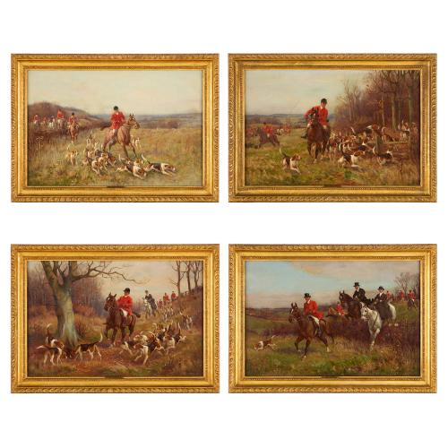 Set of four antique equestrian hunting oil paintings by Sanderson-Wells