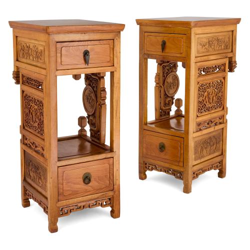 Pair of Chinese carved wood and metal pedestals