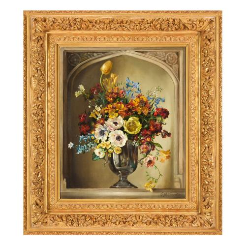 Large British floral still life oil painting by Cecil Kennedy