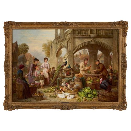 Very large oil painting of Chichester Cross market by H. C. Bryant