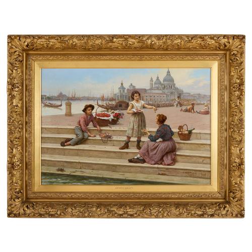 Large antique Italian oil painting of Venetian fruit seller by Paoletti