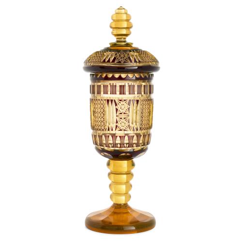 Large antique Bohemian amber and ruby glass goblet and cover
