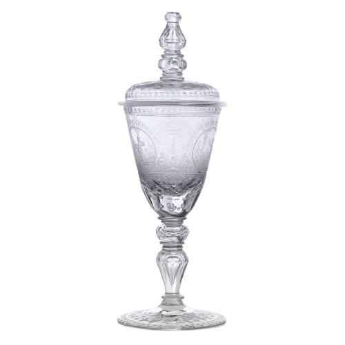 Antique Bohemian cut and engraved glass goblet and cover