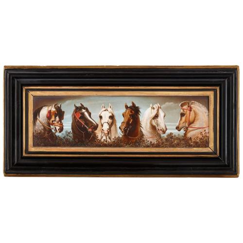 Large French antique painted ceramic plaque of six horses