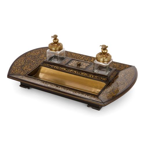 Victorian ebonised wood and brass inlay Boulle inkstand